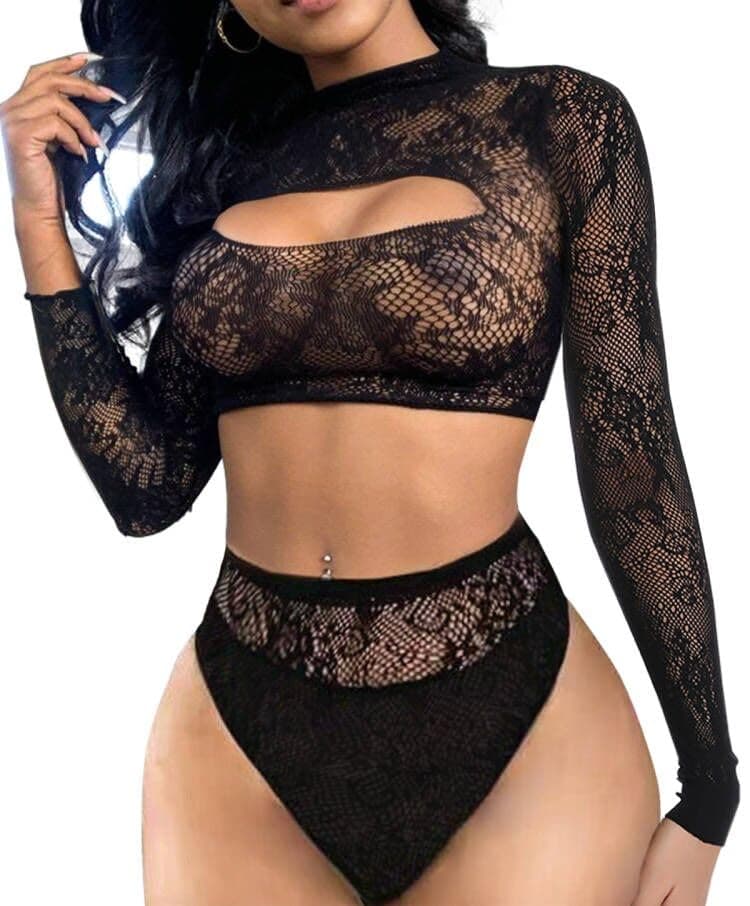 Buitifo Women Lingerie Set Front Open Bodysuit Sexy Nightwear Pajamas Set(Black T90A,M