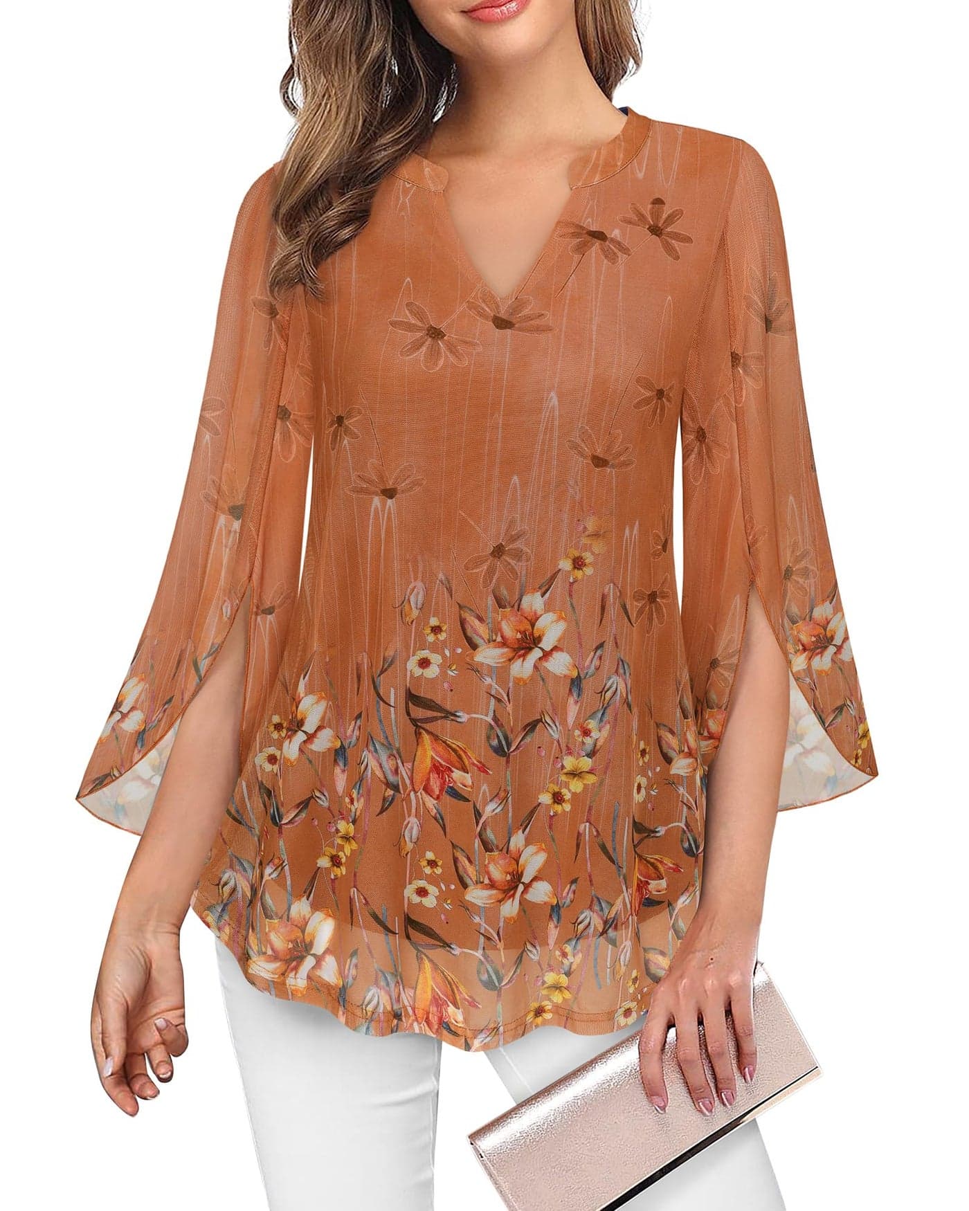 VALOLIA Evening Tops for Women: 3/4 Sleeve - Plus Size Dressy Tops - Lightweight Flowy Dress Shirts Work Clothes for Office - Tummy Control - 2024 Orange XL