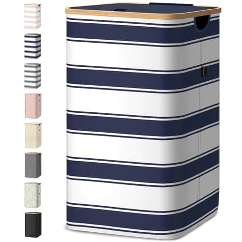 BALEINE Laundry Hamper with Lid Tall Laundry Baskets with Bamboo Pull Handles Large Laundry Bin with Internal Support 26 Gal100L Blue Stripe