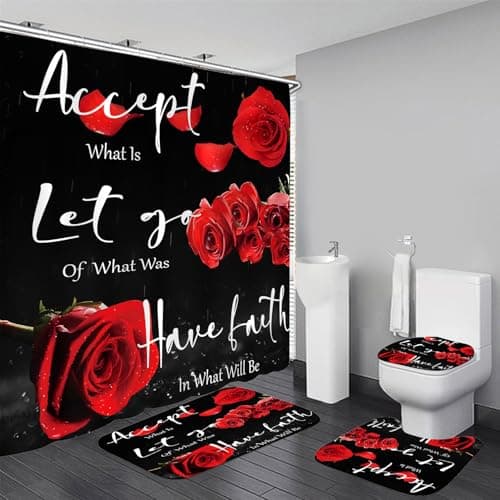 Yddsky 4 Pcs Red Rose Shower Curtain Sets with Rugs Black Blessed Bathroom Sets with Shower Curtain and Rugs Bathroom Curtains Shower Set with Toilet Lid Cover for Women Bathroom Decor Accessories