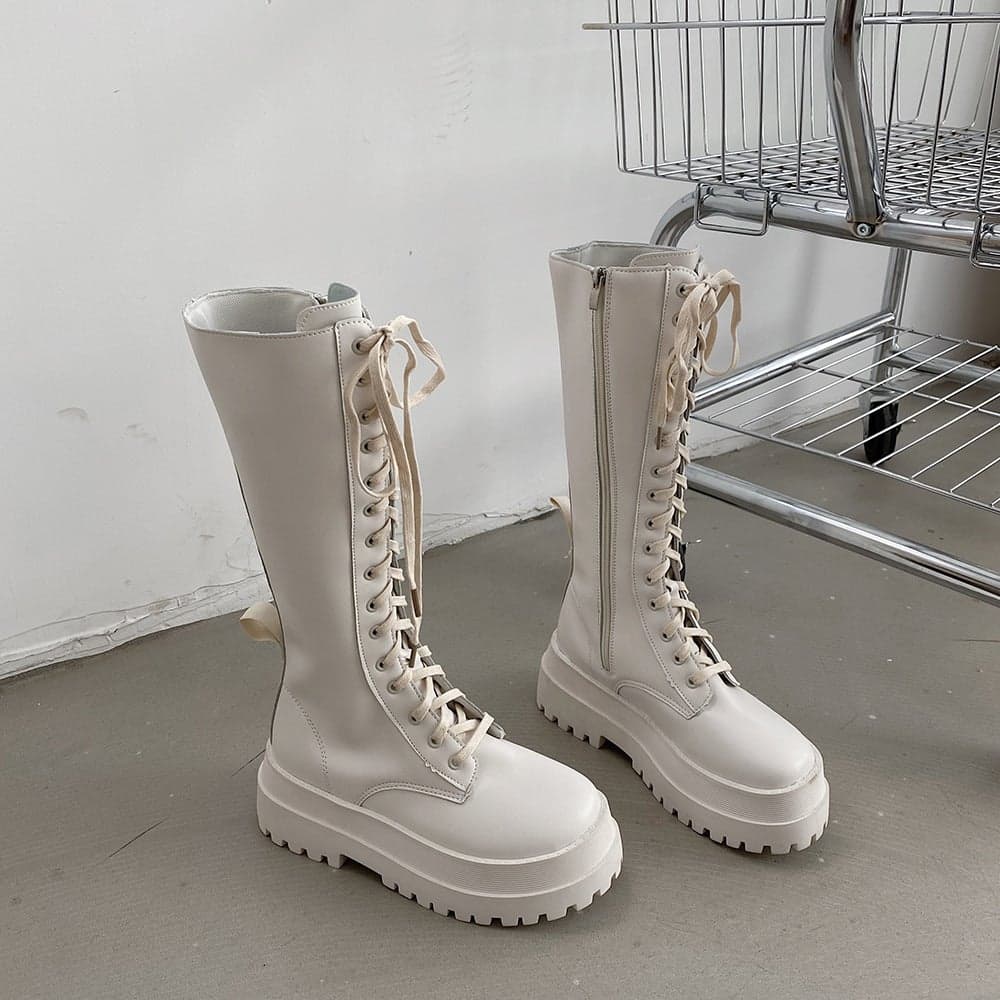 Korean-Style Martin Boots With Thick Soles, Slimming Lace-Up High Boots, Long Riding Boots For Women, 2021 Spring Thick-Soled Height-Increasing Boots