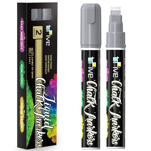 TFIVE Metallic Silver Liquid Chalk Markers 2 Pack Jumbo Chalk Pens with 10mm 3 in 1 Nib Wide Tips Dry Wet Erase Marker Pens for Glass Chalkboard BlackBoard Windows Calendar Pumpkin Mirror