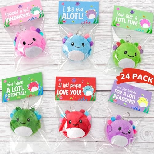 Zesua Valentines Day Gifts for Kids 24 Pack Axolotl Plush Toys Keychains with Valentines Cards Mini Stuffed Animals Set for Boys Girls Toddler Classroom Exchange School Activities Party Favors