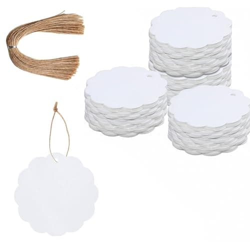 CVANU White Kraft Paper Hanging Circle Shaped Tags (50pcs) with Jute Twine for Wedding| Write Blessings| Thanksgiving| Gift Decor (2.3inch X2.4inch)