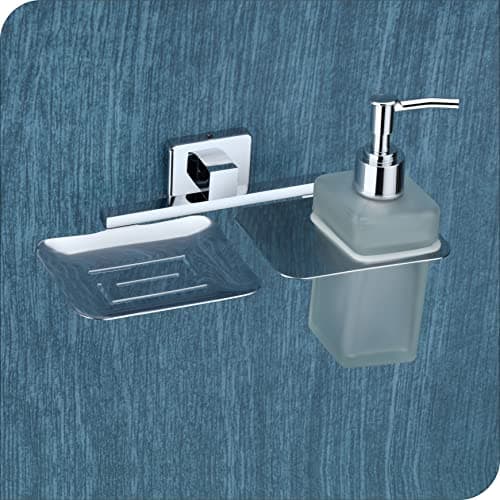 KANJAL Liquid soap Dispenser with soap case Holder for washbasin Liquid Dispenser and saop Dish for Bathroom soap Holders dispensers 38(304 Stainless Steel,Chrome Finish,Frosted Glass)