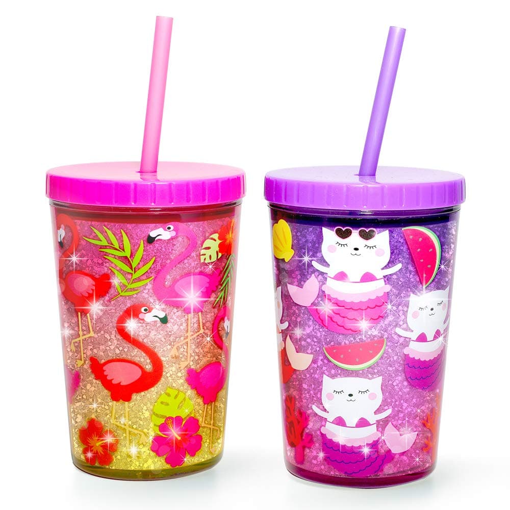 Home Tune 14oz Kids Tumbler Water Drinking Cup 2 Pack BPA Free Straw Lid Cup Reusable Lightweight SpillProof Water Bottle with Cute Design for Girls Boys Flamingo Kitty Mermaid
