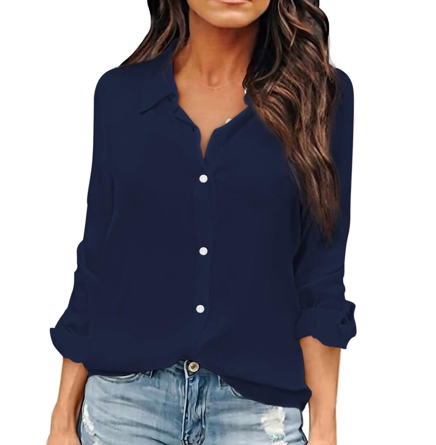 Navy Button Sown Shirt Women Womens Shirts Long Sleeve Chiffon Office Casual Blouses (M, Dark Blue)
