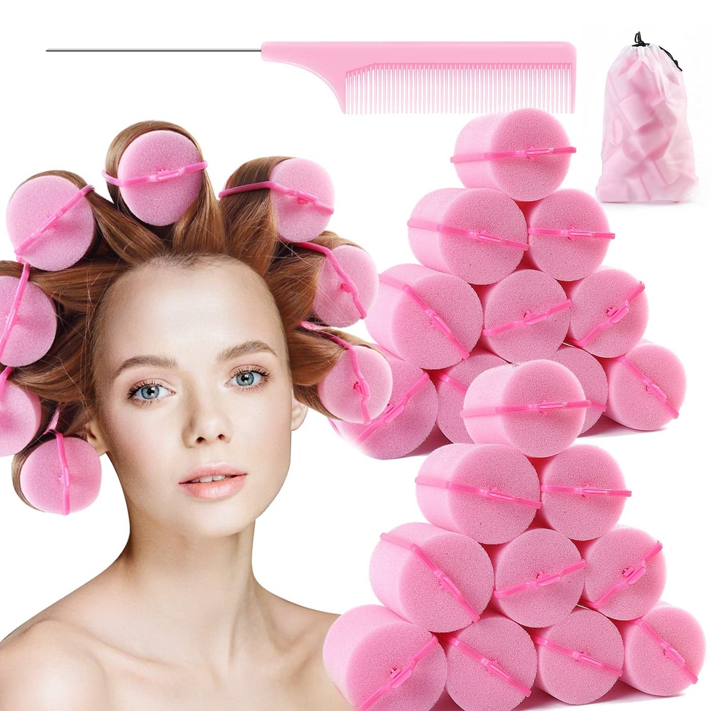 BEAUTIYAND Jumbo Foam Sponge Hair Roller Soft Sleeping rollers Curvy Wavy Hairstyle Curling Hair Styling Tools 24 Pieces Use For Long Hair Short Hair Ladies And Children 2X275 Pink