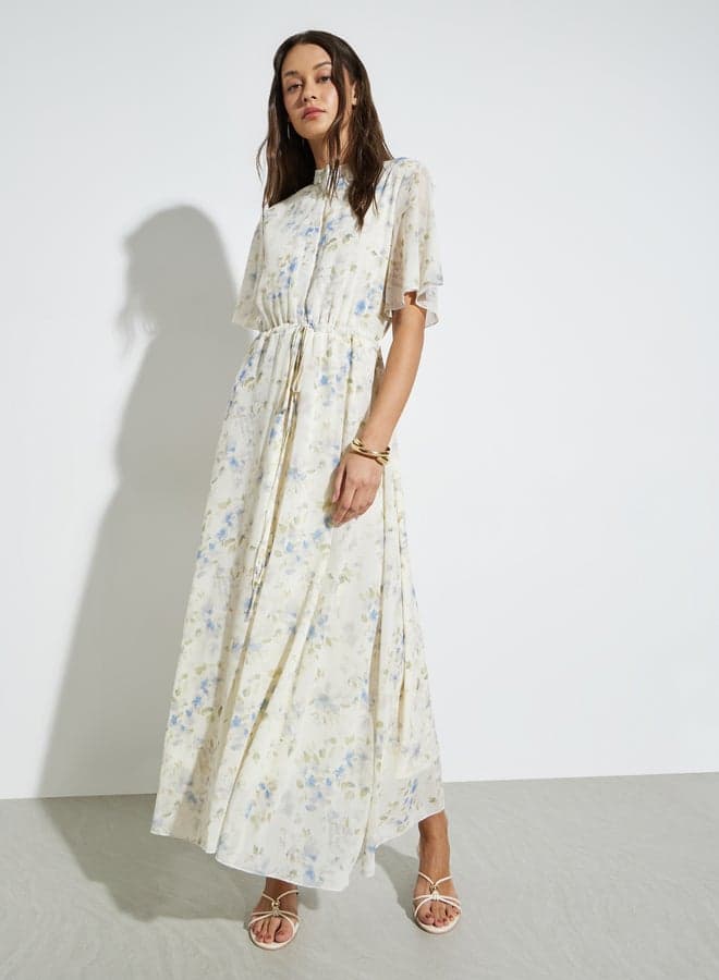 Off White Floral Drawstring Waist Maxi Dress