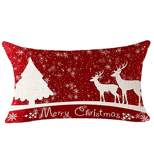 FELENIW Merry Christmas Snowflake Happy Winter Red Background Lumbar Decorative Throw Pillow Cover Cushion Case Cotton Linen for Bed Sofa Holiday Outdoor 12x20inches