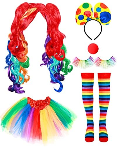 Canlierr 6 Pcs Women Clown Costume Rainbow Wig Tutu Skirt Eyelashes Clown Nose Socks for Halloween PartyMedium