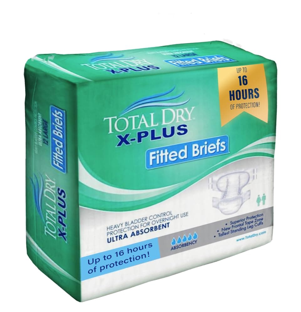 TotalDry Ultimate XPlus Fitted Incontinence Briefs Adult Diapers Plastic Backed Ultra Absorbent Overnight Bladder Control for Women Men FSA HSA Approved Medium