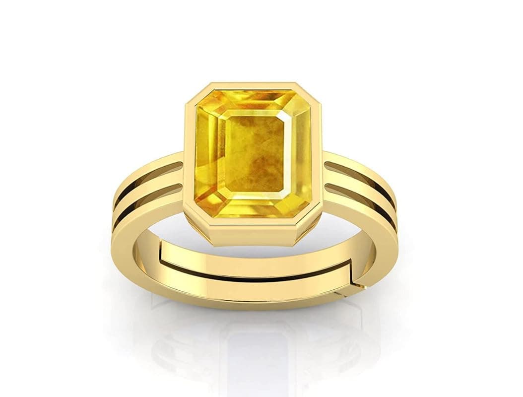 Karatking Untreated Square Pukhraj Ring Adjustable Panchdhatu Earth Mined Yellow Sapphire Stone 7.25 Ct