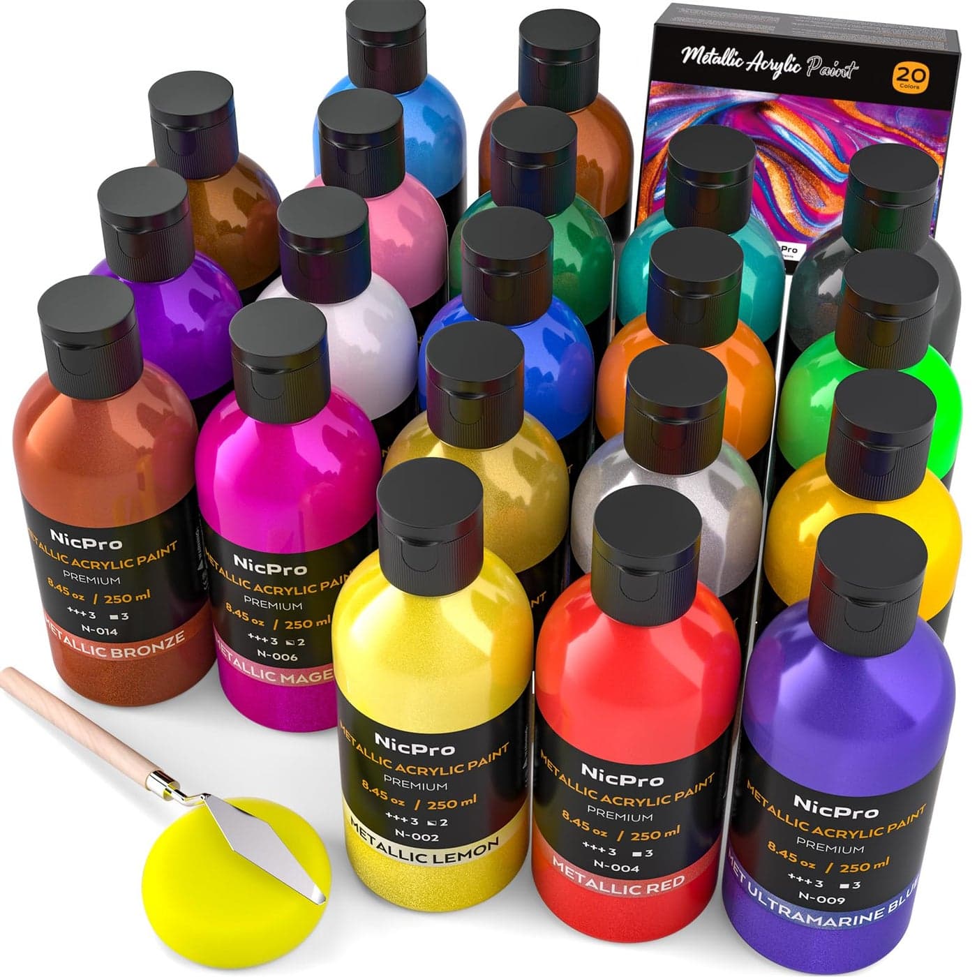 Nicpro Metallic Acrylic Paint Set 845 oz 250 ml 20 Colors Large Acrylic Paint Bulk Non Toxic Art Painting Supplies for Multi Surface Canvas Rock Wood Leather Stone Metal Craft with Color Wheel