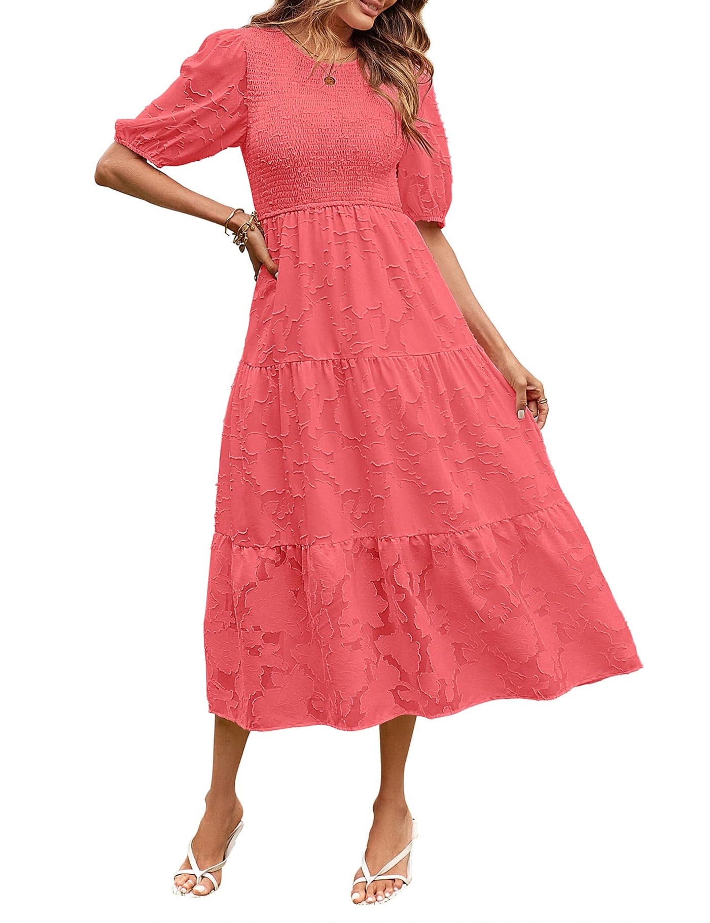 MEROKEETY Womens 2025 Casual Short Sleeve Smocked Dress Round Neck High Waist Ruffle Party DressesWatermelonS