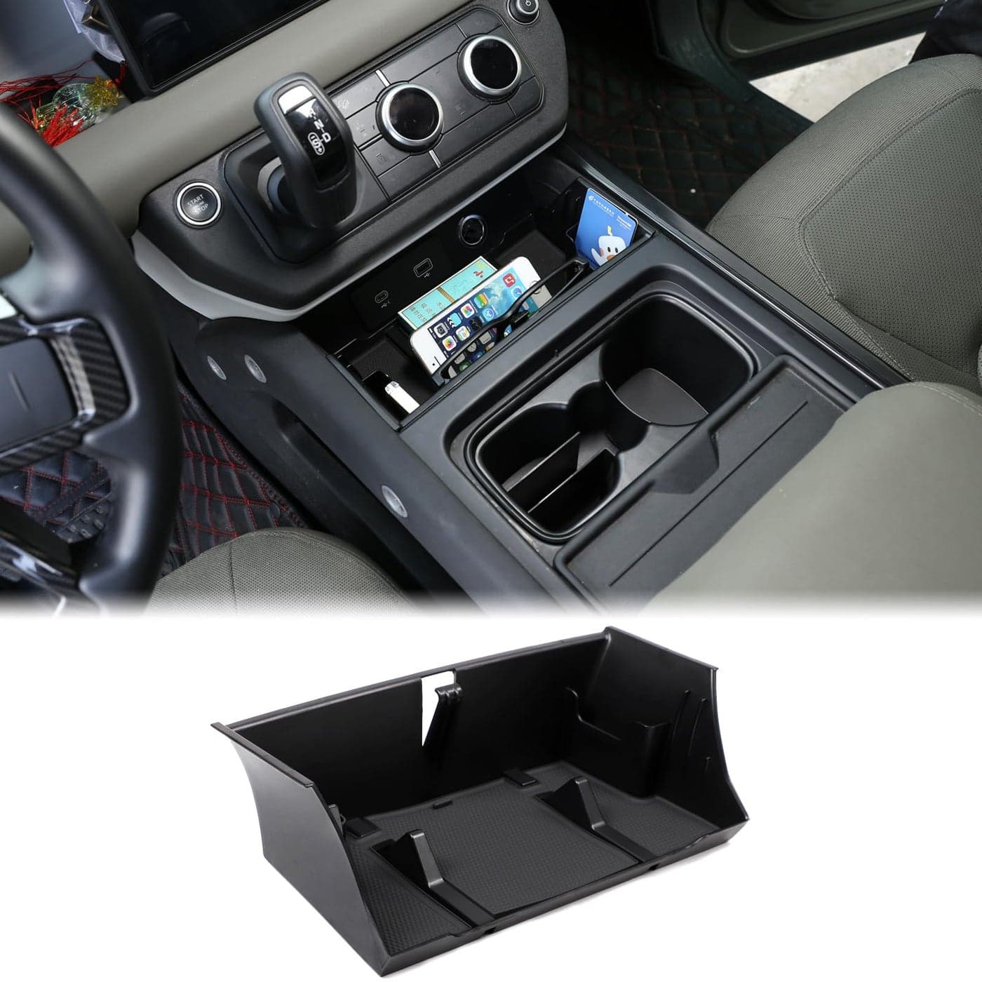 Aunginsy Center Console Organizer Tray Compatible with Land Rover Defender 90110130 20202025 Central Control Front Gear Shift Storage Box Container Insert Groove ABS Interior AccessoriesWith Mat