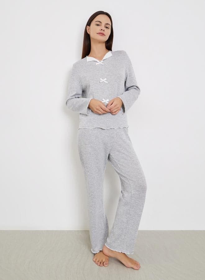 Grey Texture Bow Detail T-Shirt and Pyjama Set