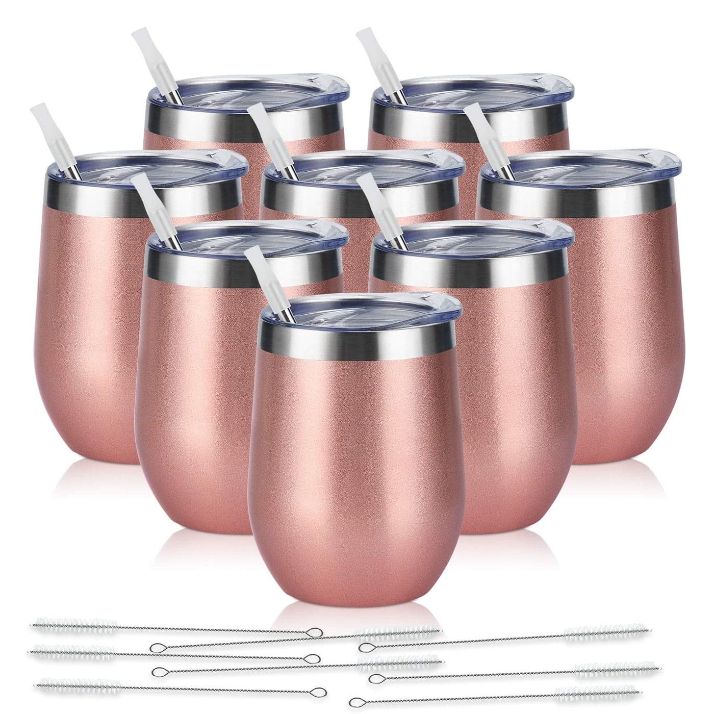 8 Pack 12Oz Stainless Steel Wine Tumblers Insulated Wine Tumbler Double Wall Insulated Wine Glass Stainless Steel Stemless Wine Cups with Lids for Coffee Wine Cocktails Champaign Rose Gold