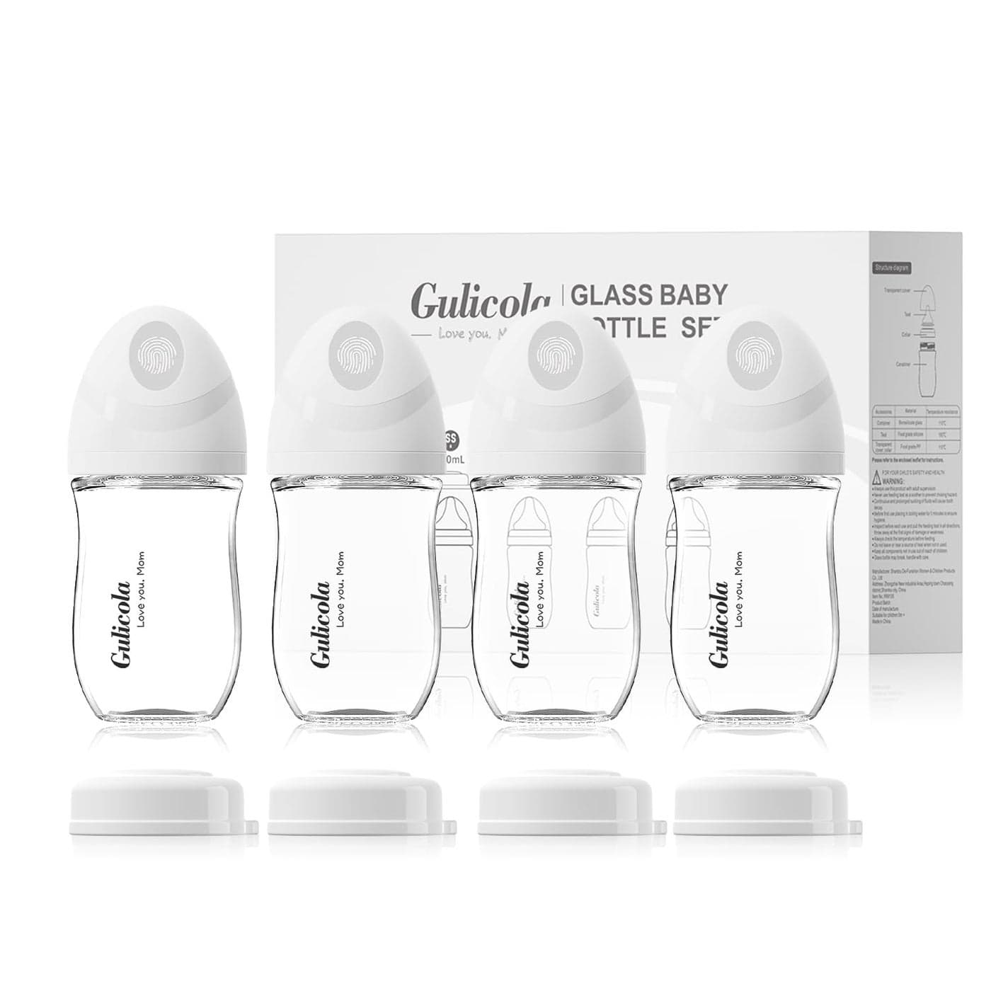 Gulicola Natural Glass Baby Bottle 4 Pack, Newborn Breastfeeding Bottles Set, Extra Slow Flow Nipples (SS), Anti Colic, 0 Months+, 5 oz - White