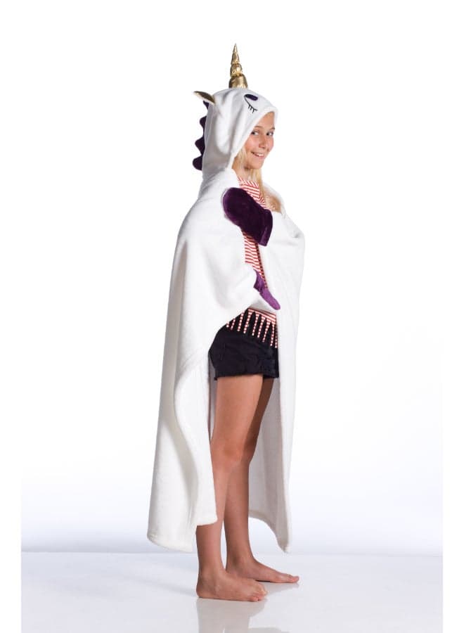 Wearable Blanket | Wearable Fleece Blanket for Kids w/ Cape, Hood, Gloves, Soft, Comfy, Warm, Fun, Machine Washable, for Kids Teenagers size 100 x 130cm - White Unicorn