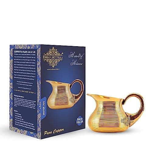 IndianArtVilla Brass Lining Designer Jug Pitcher 1200 ML - Serving Storage Water Home Hotel Restaurant Tableware Gold