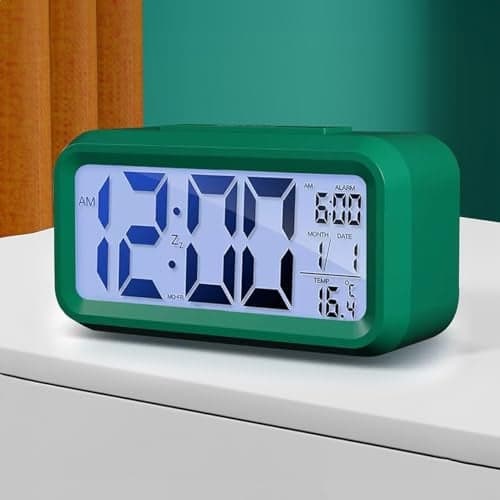 wolpin Digital Alarm Clock Desk Clock with Time, Date, Indoor Temperature Display, Smart Night Light LCD for Home, Kids Study, Office, Bedroom - Battery-Operated, Green