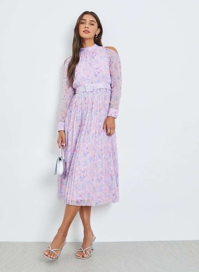 Lilac Chiffon Dobby Pleated Mid Dress