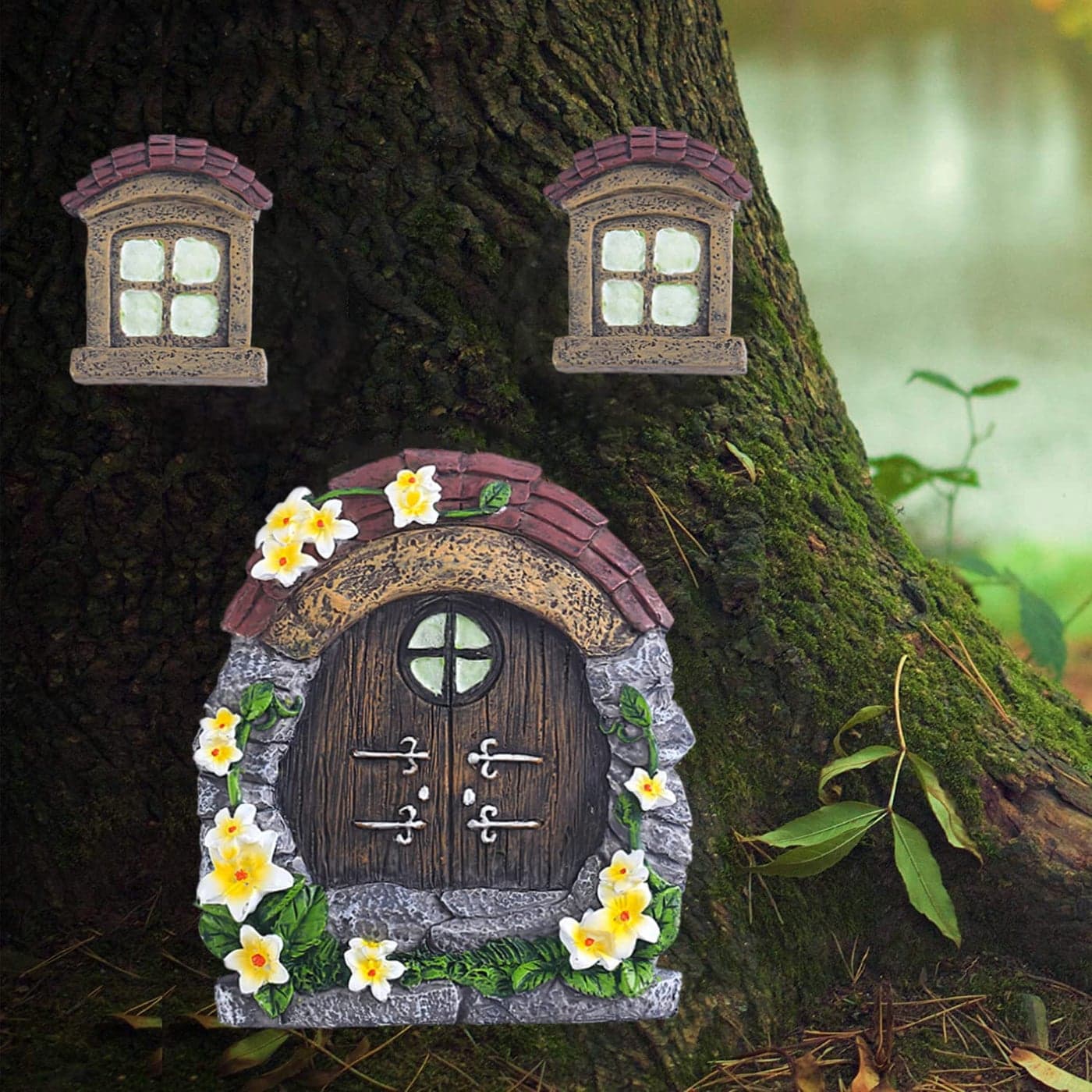vomiceak Fairy Gnome Home for Tree DecorGlow in Dark Fairy House Have Window and Door for Garden DecorationFairies Sleeping Door and Windows Yard Art Garden Sculpture Lawn Ornament