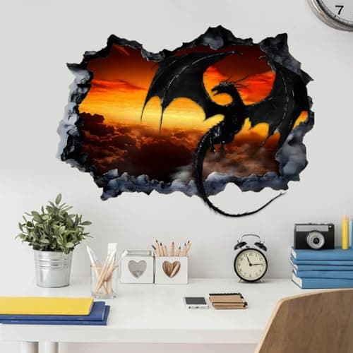 SUPERDANT 3D Black Dragon Wall Sticker Dragon Break Through Wall Decal Peel and Stick Vinyl Art Mural for Boys Kids Room Bedroom Livingroom Playroom Home Nursery Decoration Gifts
