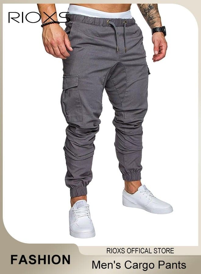 Men's Cargo Pants, Regular Fit Cargo Joggers With Pockets, Comfy Elastic Low Waist Sweatpants for Men, Lightweight Breathable Men's Drawsting Cuffed Athletic Trousers , Fashion Casual Sports Pants for Gym, Hiking, Running, Walking, Daily Wear and More, Grey