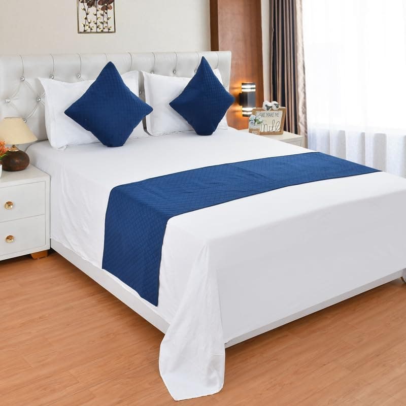 SHRIANAND CREATIONS 200TC Solid Quilted Velvet Bed Runner Scarf with Matching Cushion Covers/Slipcover Mattress Protector/Bed Linen Scarf/Decorative Set for Bedrooms/Hotel Rooms (Navy Blue)