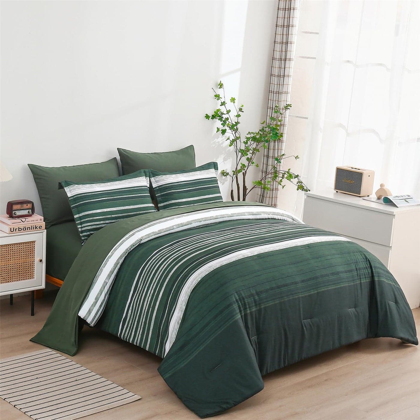 KAKIJUMN 7 Piece Bed in a Bag Stripe Comforter Set Queen Size White Grey Green Patchwork Striped Comforter and Sheet Set All Season Soft Microfiber Complete Bedding SetsDark GreenQueen