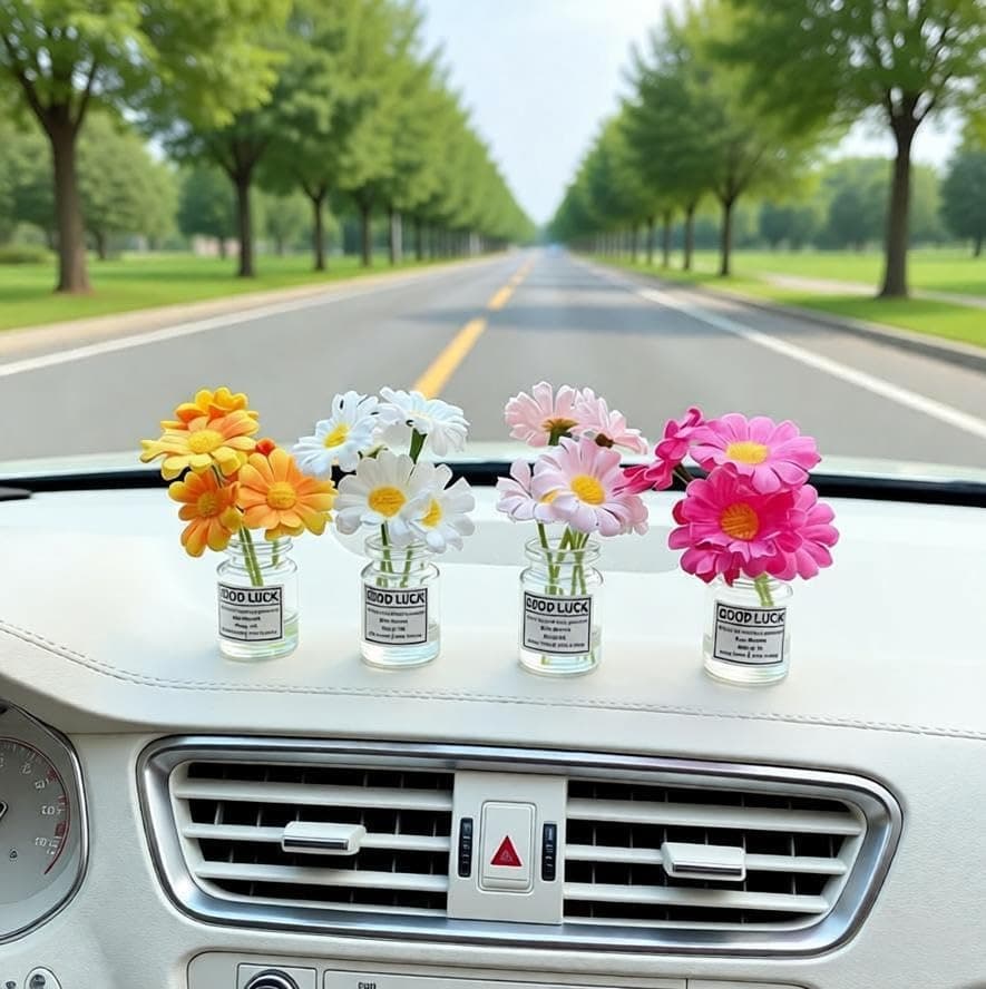 DRIYANN Daisy Car Dashboard Decorations 4 Pack Mini Floral Accessories for Women Secure Adhesive ResidueFree Removable Vases for New Car Gift