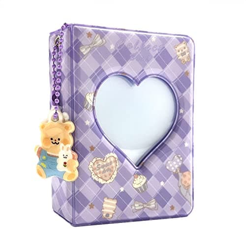 3 Inch Mini Photo Album, Heart Hollow Card Binder Photo Card Holder with Pendant 40 Pockets (purple plaid)
