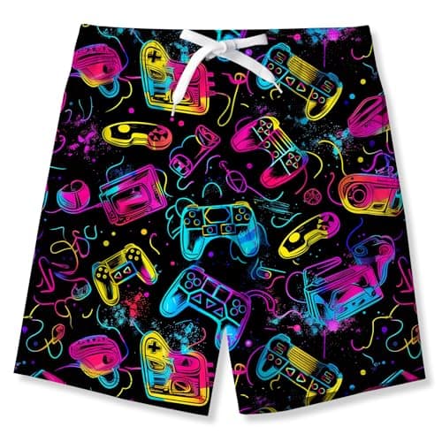 uideazone Boy's Funny Gamepad Swim Trunks Summer Quick Dry Swimsuits Elastic Waist Beach Board Shorts Blue Red Sunset Bathing Suit with Side Pockets