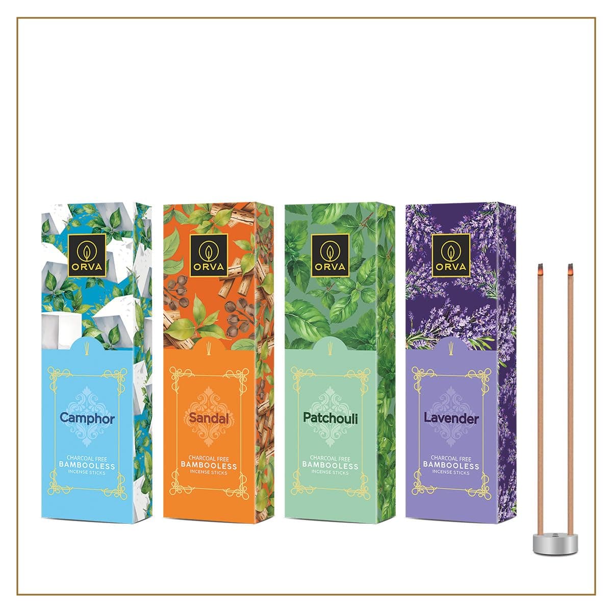 ORVA Bambooless Incense Sticks Camphor Lavender Patchouli Sandal Pack of 4 360 g