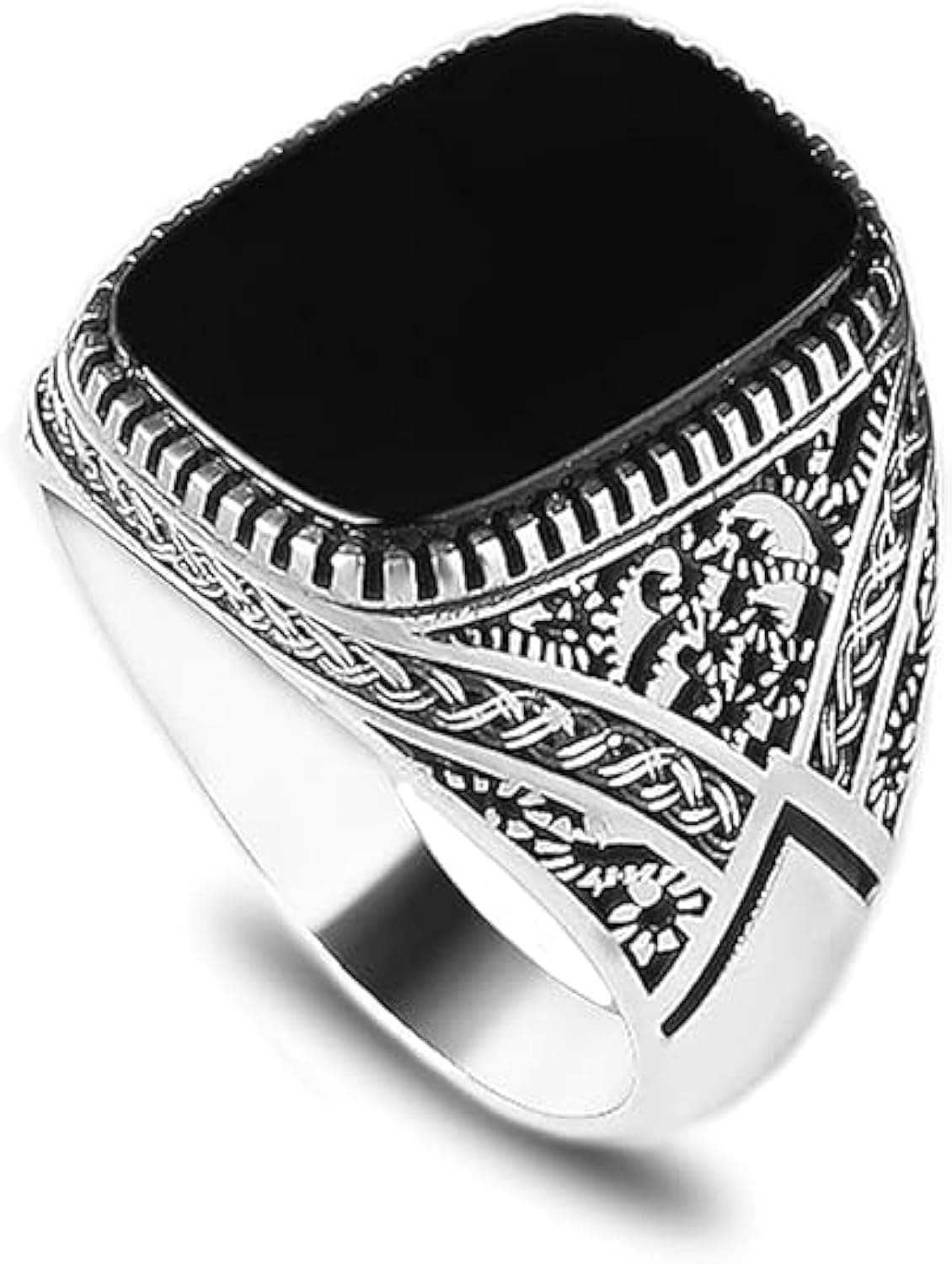 KsrModa 925 Sterling Silver Genuine Black Onyx Stone Mens Silver Ring Silver Signet Ring for Men Handmade Engraved Silver Men Rings Sterling Silver Pinky Ring Gift for Men Gift for Dad (8)