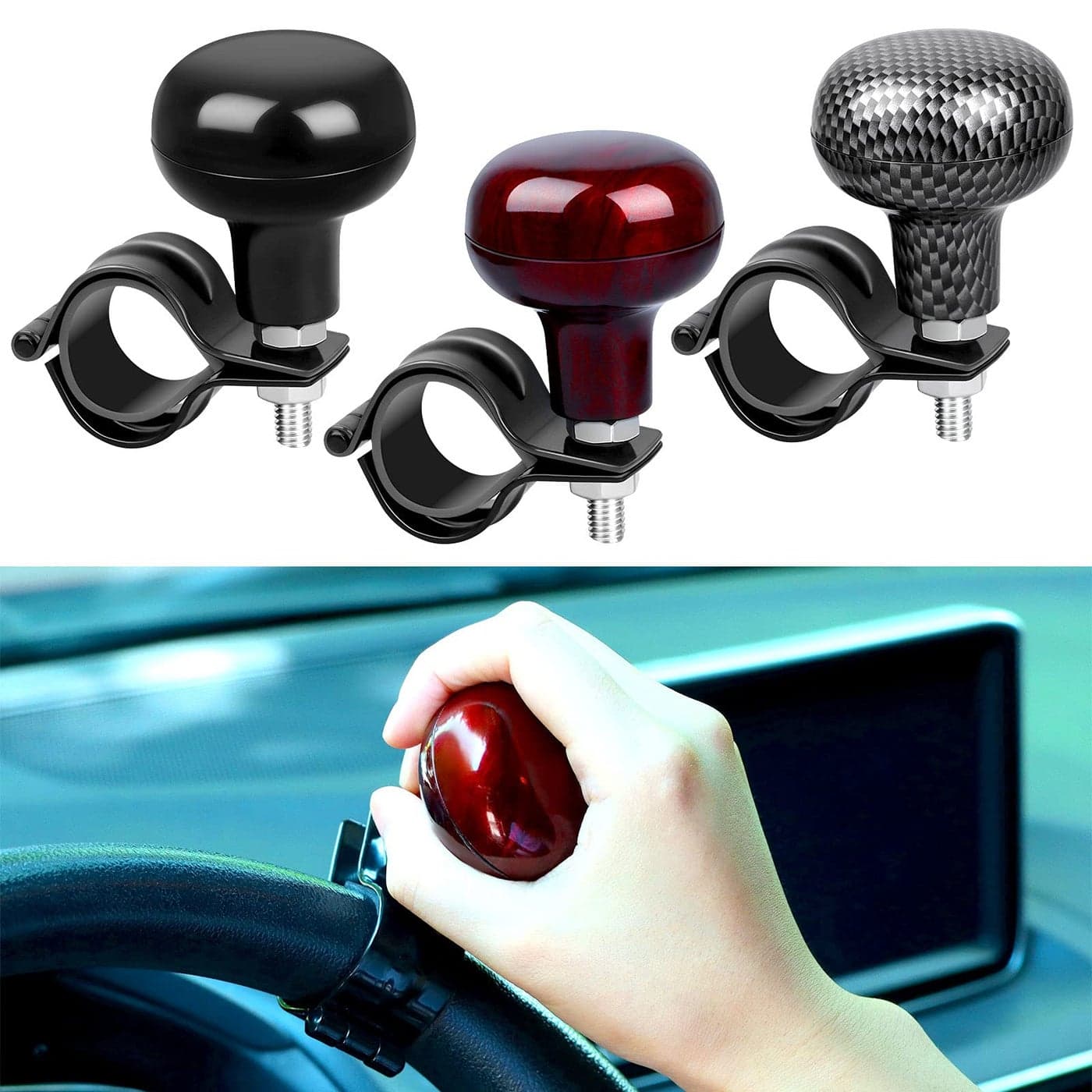 3 Pcs Premium Power Handles Woodgrain Steering Spinner Booster Easy Turn Ball Knob for Vehicles Car Truck Van Forklift Mower Tractor