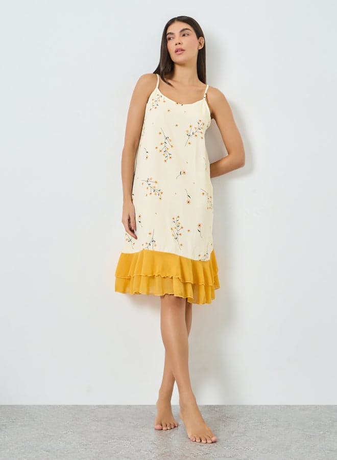 Yellow Floral Print Ruffle Hem Strappy Nightdress