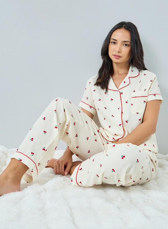Cream Cherry Print Shirt and Pyjama Set