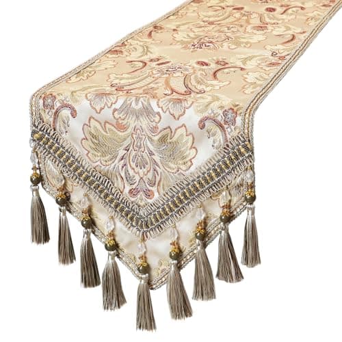 kilofly Elegant Floral Brocade Jacquard Table Runner Tassels (96 x 12 inches)