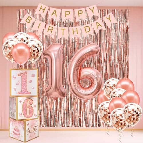 Sweet 16 Party Decorations16th Birthday Boxes Decor for Girls Women Sweet Sixteen Happy Birthday Banner Kits Pink Rose Gold Foil Balloons Party Supplies Rose Gold Tassel Curtain