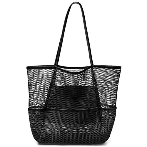 KPX Beach Bag with Mini Pocket Summer Beach Tote Bags for Women Large Foldable Mesh Swimming Pool Travel Bags Sandproof Black