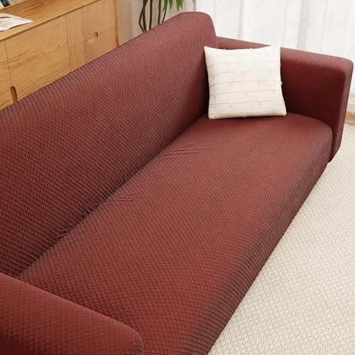 Lukzer 3 Seater Sofa Cover - Pastel Deep Maroon Curved Diamond Pattern | 220 GSM Universal Textured Polyester Fabric Couch Protector | Anti Slip & Washable Sofa Slipcover | (180-230cm/SC-151-03)