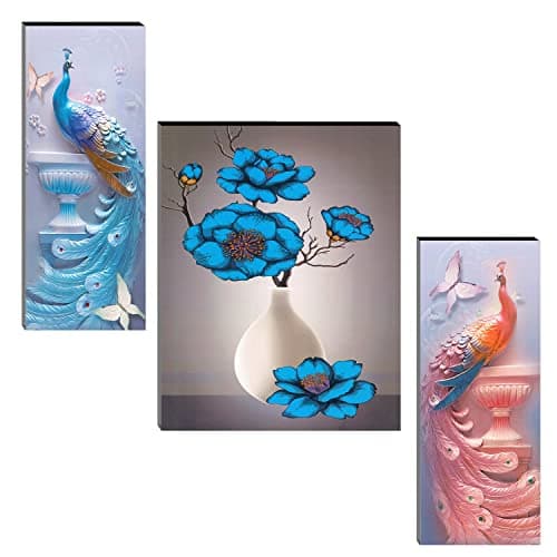 Indianara Set of 3 Flowers with Peacocks MDF Art Painting (3877FL) without glass 4.5 X 12, 9 X 12, 4.5 X 12 INCH