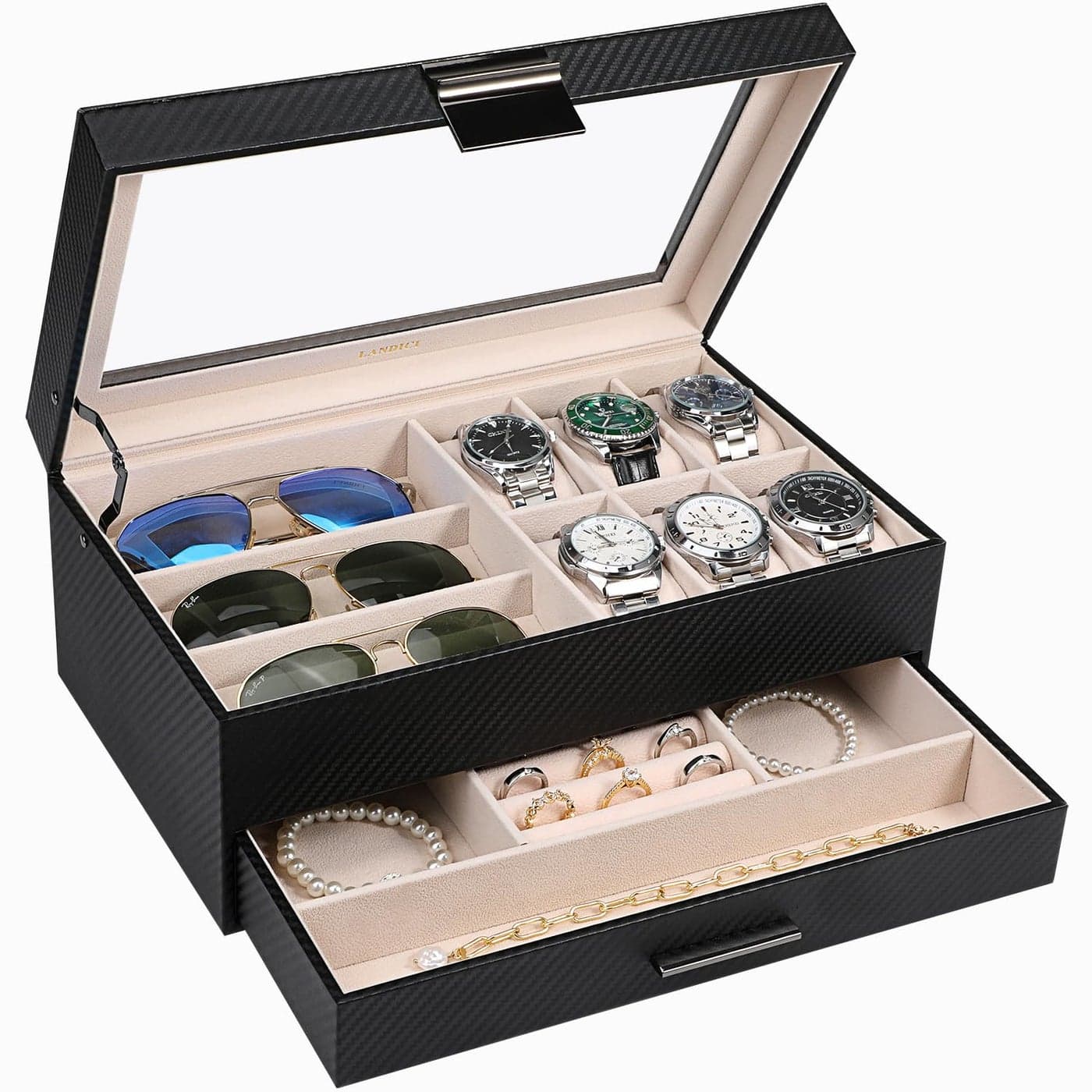 LANDICI Watch Box for Men Women 2 Layer PU Leather Watch Organizer Storage CaseLarge Jewelry Box Watch Holder Organizer Display for Watch Sunglasses Bracelet Necklace RingBlack Apricot