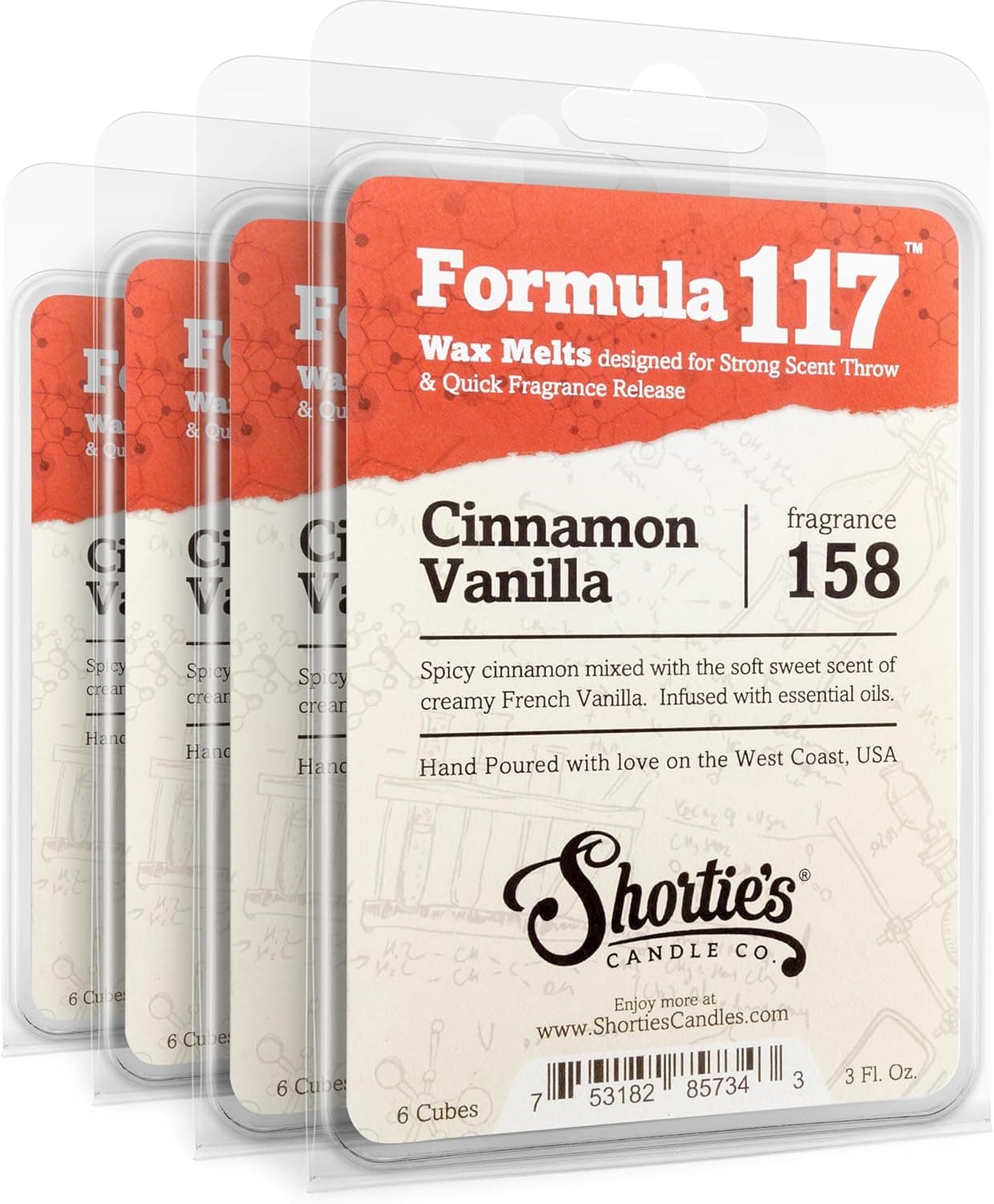 Shortie's Candle Company Cinnamon Vanilla Wax Melts Bulk Pack - Formula 117-4 Highly Scented 3 Oz. Bars (12 Oz. Total) - Made with Natural Oils - Bakery & Food Air Freshener Cubes Collection