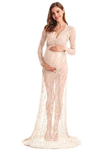 MYRISAM Boudoir Maternity Long Sleeve Lace Dress Women Deep V-Neck Wedding Party Long Dress Milk Bath Photoshoot Gown Beige M