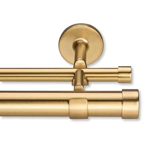 MODE Cambria Designer Series Premium 6 foot Custom Double Curtain Rod 118 inch Large Diameter NonAdjustable for a Seamless Look Premium Designer Brackets and End Caps Brushed Gold Finish