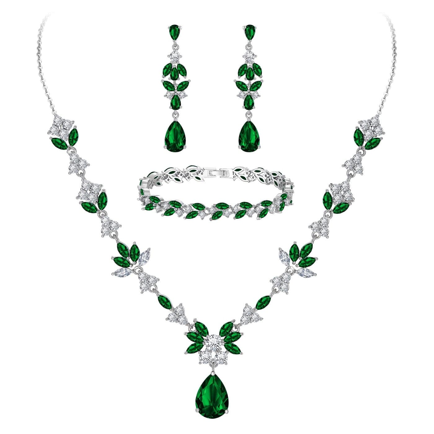 BriLove Wedding Jewelry Set for Women, Y-Necklace Tennis Bracelet Dangle Earrings with AAA Cubic Zirconia Teardrop for Bridal Bridesmaid Emerald Color